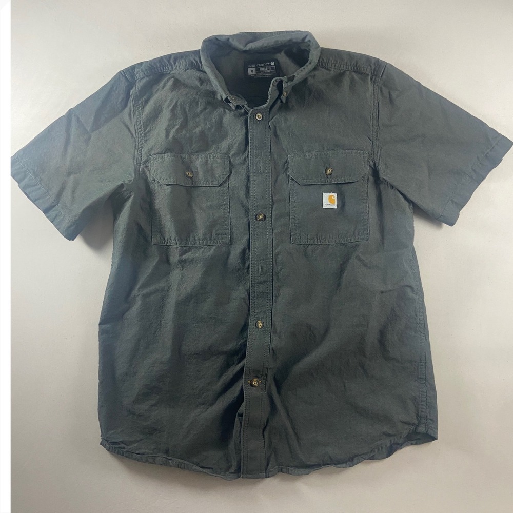 Carhartt Mens Short Sleeve Button Up Work Shirt Loose Fit Gray Size Medium